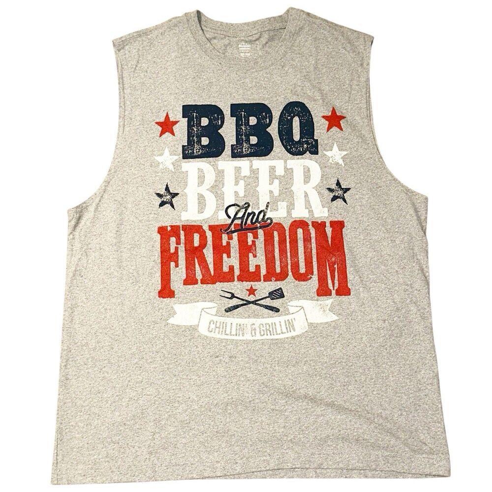USA Sleeveless Grey Jersey Americana 4th Of July Bbq Bear And Freedom Size XL